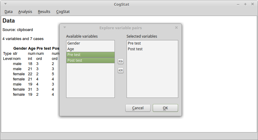 Choosing analysis in CogStat